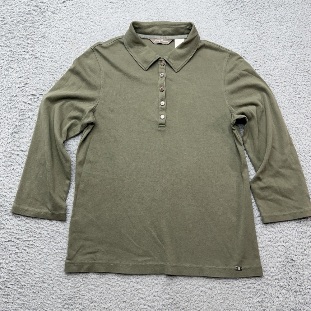 Tommy Bahama 3/4 Sleeve Polo Shirt Womens L Olive Green Pima Cotton 1/4 Button
